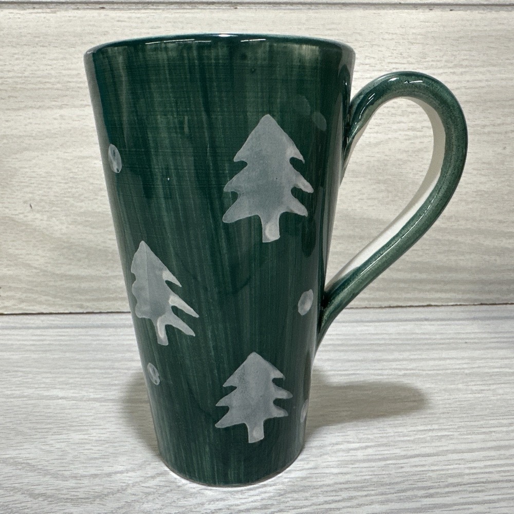 STARBUCKS Hand Painted Tall Green Christmas Tree Mug Ceramiche Toscane 6 x 3.5"